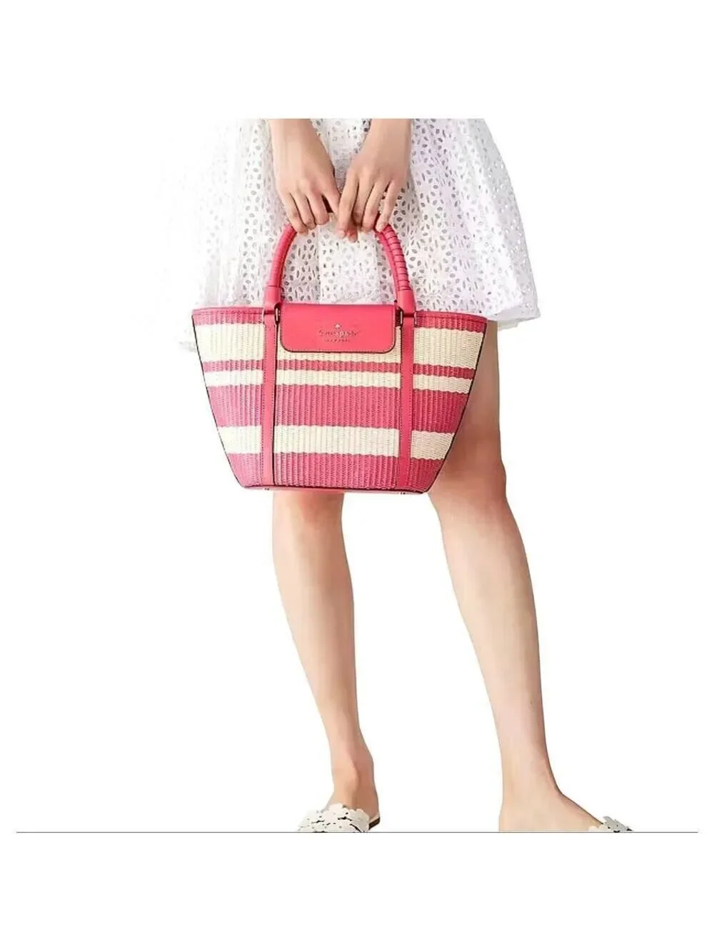 KATE SPADE MEDIUM STRAW / LEATHER CRUISE TOTE IN BIKINI PINK SPRING SUMMER PURSE